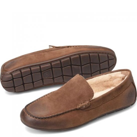 Born Shoes Canada | Men's Allan Shearling Slippers - Carafe Nubuck (Brown) - Click Image to Close